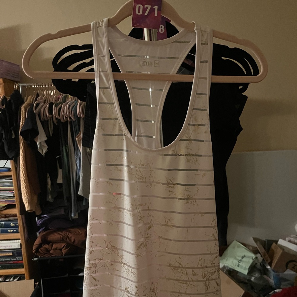 ZYIA Active women’s Stylish White and Gold Reflective Striped Havana Tank Top